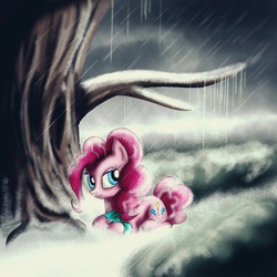 Size: 1000x1000 | Tagged: safe, artist:mayamermaid, pinkie pie, g4, clothes, female, looking at you, scarf, smiling, snow, snowfall, solo, tree