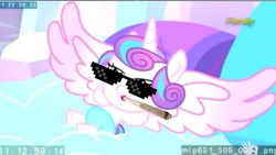 Size: 1280x720 | Tagged: safe, princess flurry heart, g4, season 6, dank memes, deal with it, female, mlg, smoke weed everyday, solo, sunglasses, swag glasses