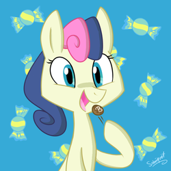 Size: 725x725 | Tagged: safe, artist:flourret, bon bon, sweetie drops, earth pony, pony, g4, bust, candy, chocolate, eating, female, food, happy, mare, open mouth, signature, smiling, solo