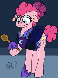 Size: 600x806 | Tagged: safe, artist:sweetheart-arts, pinkie pie, g4, alternate timeline, female, floppy ears, hairnet, nightmare takeover timeline, solo, wooden spoon