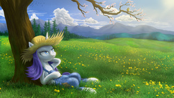 Size: 1920x1080 | Tagged: safe, artist:empalu, rarity, g4, female, meadow, on back, rarihick, relaxing, scenery, solo, spring, tree
