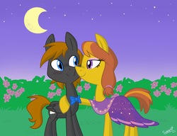 Size: 1024x788 | Tagged: safe, artist:flourret, oc, oc only, oc:honey ella, oc:romance heart, earth pony, pegasus, pony, blushing, bowtie, bush, clothes, dress, duo, eyeshadow, female, flower, garden, looking at each other, makeup, male, mare, moon, night, nuzzling, romella, shipping, signature, sky, smiling, stallion, standing, stars, straight