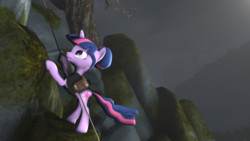 Size: 1920x1080 | Tagged: safe, artist:fd-daylight, twilight sparkle, g4, 3d, alternate hairstyle, female, mountain, rock, rock climbing, rope, saddle bag, solo, source filmmaker