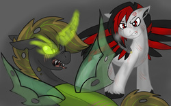 Size: 540x338 | Tagged: safe, artist:php62, oc, oc only, oc:forest thorn, oc:techno wing, changeling, pegasus, pony, amputee, augmented, brown changeling, fight, hissing, prosthetic limb, prosthetic wing, prosthetics, scar, solo
