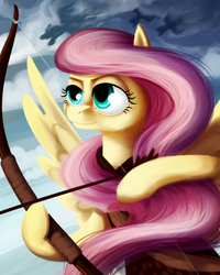 Size: 900x1125 | Tagged: safe, artist:bugiling, fluttershy, g4, arrow, bow (weapon), bow and arrow, flying, solo focus