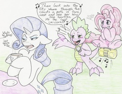 Size: 4860x3732 | Tagged: safe, artist:flicker-show, pinkie pie, rarity, spike, g4, america (band), annoyed, female, male, offscreen character, radio, serenade, ship:sparity, shipping, shipping denied, singing, song reference, straight, the last unicorn, traditional art, unamused