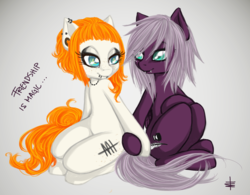 Size: 900x701 | Tagged: safe, artist:tt-n, oc, oc only, oc:inkfeather, oc:mt, ear piercing, freckles, friendship, holding hooves, lip piercing, piercing