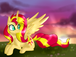 Size: 800x600 | Tagged: safe, artist:not-ordinary-pony, sunset shimmer, alicorn, pony, g4, alicornified, female, prone, race swap, shimmercorn, solo, sunset, twilight (astronomy)