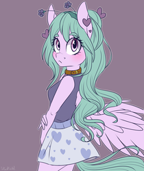 Size: 2100x2500 | Tagged: safe, artist:silbersternenlicht, oc, oc only, pegasus, anthro, anthro oc, blushing, clothes, collar, cute, flower, gray background, hair accessory, hairband, heart, high res, looking back, simple background, skirt, solo, tank top, wings