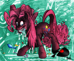 Size: 984x815 | Tagged: safe, artist:pedantczepialski, pinkie pie, earth pony, pony, g4, balloon, female, foaming at the mouth, nightmare, nightmare pinkie, nightmarified, pin, record, solo