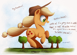 Size: 4000x2860 | Tagged: safe, artist:ncmares, applejack, rainbow dash, pony, g4, ask, big-apple-pony, cute, dialogue, dirt, dirty, freckles, giant pony, giantess, macro, nose wrinkle, open mouth, silly, silly pony, solo focus, tree