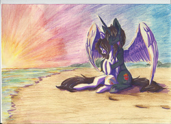 Size: 2338x1700 | Tagged: safe, artist:sunny way, oc, oc only, oc:alex, oc:sunny way, alicorn, pegasus, pony, rcf community, aleway, alicorn oc, beach, colored pencil drawing, evening, feather, feels, female, heart, hug, love, male, marker drawing, ocean, pencil, straight, sunset, traditional art, wings