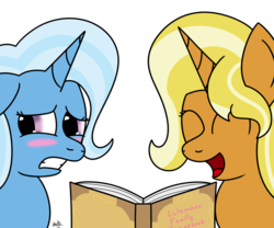 Size: 1200x1000 | Tagged: safe, artist:spritepony, idw, sunflower spectacle, trixie, pony, unicorn, g4, spoiler:comic, spoiler:comic40, embarrassed, mother and daughter, scrapbook