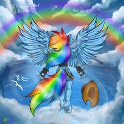 Size: 3000x3000 | Tagged: safe, artist:mimy92sonadow, rainbow dash, bird, anthro, unguligrade anthro, g4, applejack's hat, clothes, cloud, female, fingerless gloves, flying, from behind, gloves, hat, high res, rear view, shorts, signature, sky, solo, text, underhoof