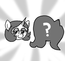 Size: 640x600 | Tagged: safe, artist:ficficponyfic, oc, oc only, oc:joyride, pony, unicorn, colt quest, bedroom eyes, ear piercing, eyeshadow, female, horn, mare, piercing, pokémon, question mark, sillhouette, story included, who's that pokémon