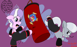 Size: 2500x1536 | Tagged: safe, artist:xwoofyhoundx, apple bloom, diamond tiara, silver spoon, g4, clothes, dialogue, duo, kicking, martial arts, punching bag, request, shorts