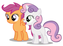Size: 1200x881 | Tagged: safe, artist:hendro107, scootaloo, sweetie belle, pegasus, pony, unicorn, crusaders of the lost mark, g4, .psd available, blank flank, duo, duo female, female, filly, foal, open mouth, simple background, spread wings, transparent background, vector, wings