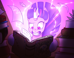 Size: 1239x968 | Tagged: safe, artist:ikarooz, twilight sparkle, pony, g4, adventure time, crossover, enchiridion, female, gritted teeth, magic, male, solo, the neverending story, wide eyes, windswept mane