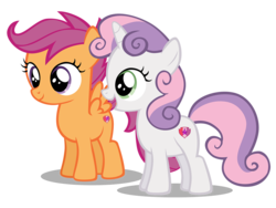 Size: 1200x902 | Tagged: safe, artist:hendro107, scootaloo, sweetie belle, pegasus, pony, unicorn, crusaders of the lost mark, g4, .psd available, cutie mark, female, filly, foal, open mouth, simple background, smiling, spread wings, the cmc's cutie marks, transparent background, vector, wings
