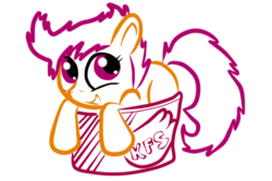 Size: 540x360 | Tagged: safe, artist:xplaycrazyx, scootaloo, pegasus, pony, g4, box, bucket, bucket of chicken, cute, cutealoo, female, filly, kfc, lineart, looking up, minimalist, modern art, pony in a box, scootachicken, simple background, smiling, solo, transparent background, wat