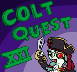 Size: 640x600 | Tagged: safe, artist:ficficponyfic, oc, oc only, oc:emerald jewel, colt quest, amulet, child, clothes, colt, cute, cutlass, cyoa, eyepatch, femboy, foal, hat, logo, male, pirate, ponytail, recap, sword, trap, weapon