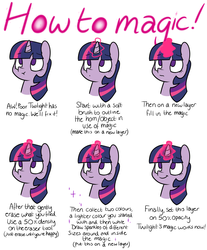 Size: 1280x1543 | Tagged: safe, artist:estrill, twilight sparkle, g4, :o, :t, cute, female, frown, glowing horn, horn, how to draw, magic, magic aura, portrait, simple background, smiling, solo, tutorial, twiabetes, white background