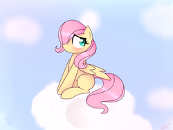 Size: 800x600 | Tagged: dead source, safe, artist:ultrard, fluttershy, pegasus, pony, g4, blank flank, blushing, cloud, cloudy, colored pupils, female, filly fluttershy, hair over one eye, looking away, on a cloud, shy, signature, sitting, solo