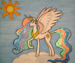 Size: 900x758 | Tagged: safe, artist:katiewhy, princess celestia, g4, cloud, female, solo, sun, traditional art