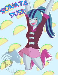 Size: 612x792 | Tagged: safe, artist:wolf-davidloveii, sonata dusk, equestria girls, g4, eyes closed, female, food, jumping, solo, sonataco, taco, that girl sure loves tacos, that siren sure does love tacos