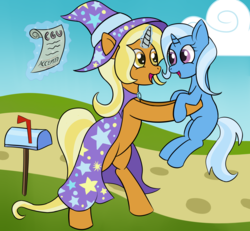 Size: 4000x3700 | Tagged: safe, artist:sethisto, idw, sunflower spectacle, trixie, pony, unicorn, g4, spoiler:comic, spoiler:comic40, clothes, female, filly, filly trixie, hat, like mother like daughter, like parent like child, mare, mother and daughter, wizard, wizard hat, young, younger