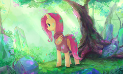 Size: 1940x1180 | Tagged: safe, artist:cyanaeolin, fluttershy, g4, clothes, crystal, female, forest, looking at you, looking back, solo