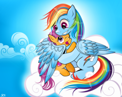 Size: 1058x846 | Tagged: safe, artist:dsana, rainbow dash, scootaloo, pegasus, pony, g4, cloud, cutie mark, duo, duo female, female, hug, scootalove, the cmc's cutie marks, winghug, wings