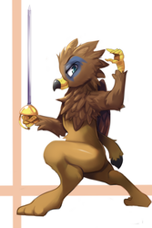 Size: 2431x3647 | Tagged: safe, artist:freedomthai, oc, oc only, oc:saewin, griffon, pony, bipedal, commission, high res, male, rapier, solo, sword, weapon