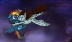 Size: 1200x700 | Tagged: safe, artist:cometakat, rainbow dash, oc, oc:linormusicbeat, g4, canon x oc, request, shipping, sky