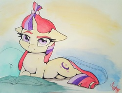 Size: 2778x2117 | Tagged: safe, artist:captainpudgemuffin, moondancer, pony, unicorn, g4, book, commission, cute, dancerbetes, female, floppy ears, high res, looking at you, mare, raised eyebrow, reading, solo, traditional art