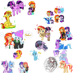 Size: 2200x2200 | Tagged: source needed, safe, artist:lotte, sunset shimmer, trixie, twilight sparkle, pony, equestria girls, g4, blushing, clothes, collage, counterparts, female, high res, humanized, japanese, lesbian, magical trio, ot3, scarf, shared clothing, shared scarf, ship:sunsetsparkle, ship:suntrix, ship:twixie, shipping, sunsetsparkletrix, twilight sparkle (alicorn), twilight's counterparts