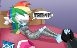 Size: 1228x756 | Tagged: safe, artist:gaggeddude32, rainbow dash, equestria girls, g4, barefoot, bed, blindfold, bondage, breasts, clothes, duct tape, feet, female, gag, gloves, kidnapped, muffled laughter, mummification, offscreen character, skirt, speech bubble, tape, tape gag, tickle torture, tickling