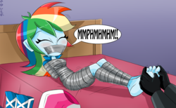 Size: 1228x756 | Tagged: safe, artist:gaggeddude32, rainbow dash, equestria girls, g4, barefoot, bed, bondage, boots, breasts, clothes, duct tape, eyes closed, feet, female, gag, gloves, kidnapped, muffled laughter, mummification, offscreen character, shoes, skirt, speech bubble, tape, tape gag, tickle torture, tickling