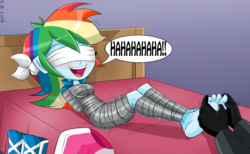 Size: 1228x756 | Tagged: safe, artist:gaggeddude32, rainbow dash, equestria girls, g4, barefoot, bed, blindfold, bondage, boots, breasts, clothes, commission, duct tape, feet, female, gloves, kidnapped, laughing, mummification, offscreen character, open mouth, skirt, speech bubble, tape, tickle torture, tickling