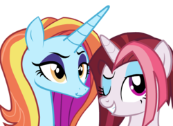 Size: 550x400 | Tagged: safe, artist:ask-red-pepper-blog, cayenne, sassy saddles, pony, unicorn, ask sassy saddles, g4, bust, duo, duo female, eyeshadow, female, makeup, mare, one eye closed, simple background, smiling, transparent background, wink