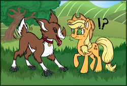 Size: 1140x770 | Tagged: safe, artist:dezy-x29, applejack, winona, earth pony, pony, g4, collar, cowboy hat, crossover, female, grass, hat, hill, kubrow, mare, raised hoof, species swap, stetson, surprised, tongue out, tree, warframe
