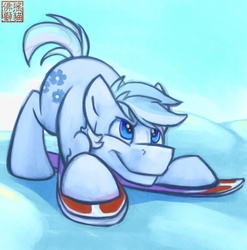 Size: 1267x1280 | Tagged: safe, artist:rattlesire, double diamond, earth pony, pony, g4, behaving like a dog, crouching, cute, double dawwmond, face down ass up, looking up, male, play bow, skis, smiling, solo, stallion