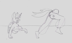 Size: 1280x774 | Tagged: safe, artist:airship-king, oc, oc only, oc:parcly taxel, alicorn, genie, anthro, plantigrade anthro, alicorn oc, anthro oc, half, horn, horn ring, lineart, modular, monochrome, running, shantae, solo, traditional art
