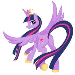 Size: 1024x1016 | Tagged: safe, artist:wangkingfun, twilight sparkle, alicorn, pony, g4, big crown thingy, female, hoof shoes, jewelry, looking at you, mare, older, regalia, simple background, solo, spread wings, twibutt, twilight sparkle (alicorn), ultimate twilight, white background, wings