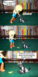 Size: 736x1500 | Tagged: safe, applejack, equestria girls, g4, action figure, clothes, comic, crossover, dog biscuit, doll, dragon ball, dragonball z abridged, equestria girls minis, meme, rage face, ravage, skirt, toy, toy comic, transformers