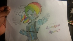 Size: 1024x576 | Tagged: safe, artist:deonmiller, rainbow dash, equestria girls, g4, action pose, alternate hairstyle, crossover, gauntlet, ponytail, scouter, street fighter v, traditional art