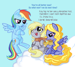Size: 905x801 | Tagged: safe, artist:peppersupreme, derpy hooves, lily blossom, rainbow dash, pegasus, pony, g4, clothes, cloud, cute, female, flying, food, mare, mouth hold, muffin, scarf, trio