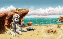 Size: 1920x1200 | Tagged: safe, artist:da-exile, derpy hooves, pegasus, pony, g4, :t, beach, cloud, eating, featured image, female, food, grass, hoof hold, island, mare, muffin, ocean, parcel, puffy cheeks, saddle bag, sand, scenery, shell, sitting, smiling, solo, that pony sure does love muffins, underhoof, wallpaper