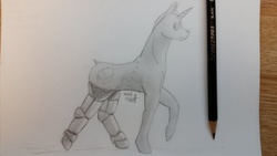 Size: 1024x576 | Tagged: safe, artist:gabriel-titanfeather, artist:wolfie55, oc, oc only, oc:sard rustwing, crystal pony, pony, unicorn, fallout equestria, amputee, dock, pencil drawing, prosthetic limb, prosthetics, solo, traditional art