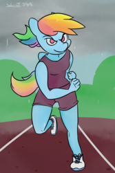 Size: 800x1200 | Tagged: safe, artist:solarisii, rainbow dash, pegasus, anthro, plantigrade anthro, g4, clothes, female, race track, running, shoes, shorts, solo, tank top